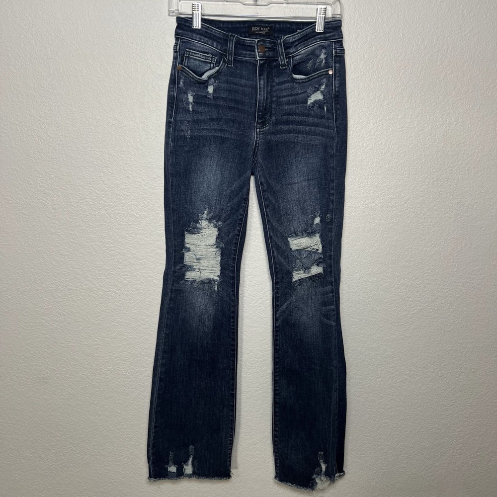 Judy Blue Slim Boot Cut Jeans Women 3/26 Dark Wash Distressed Raw Hem Stretchy